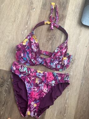 Girls Floral Halter Bikini Set - Purple Pink Floral